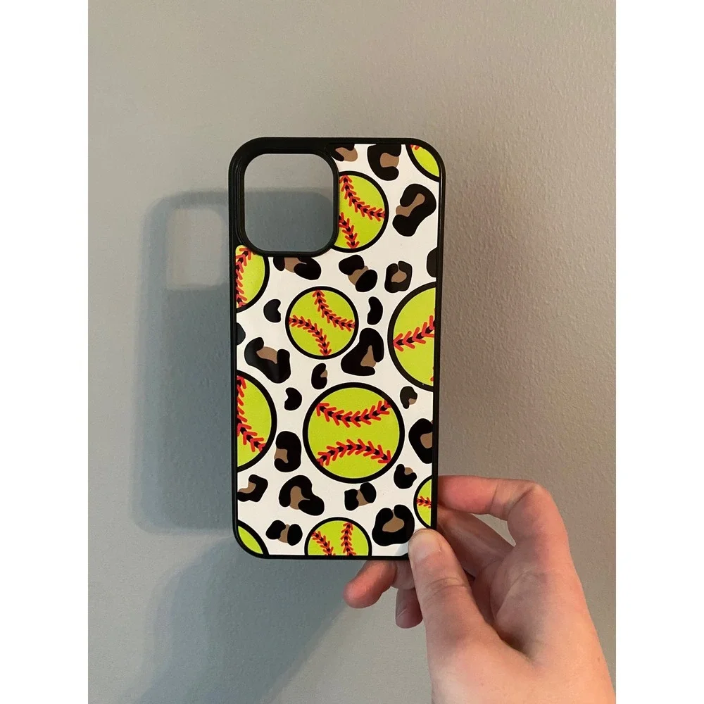 Softball Leopard Print Phone Case iPhone 12 Pro Max Neon Yellow Sporty Case
